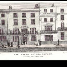 Historical etching of the Angel Inn the site of Jacob’s Coffee House