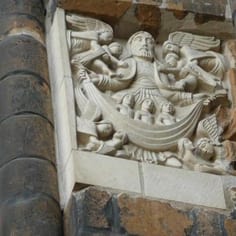 The west front frieze - the Bosom of Abraham drawn form a 4th c. Jewish tradition that Abraham was the gate-keeper to Heaven