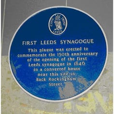 Plaque on site of first Leeds synagogue, in Merrion Centre.