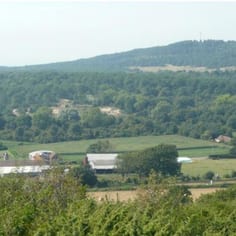An over-view of the site of Camp Tibor (large corn field in middle and wooded area behind).  Mt St Frieux is in the background (note radar mast)