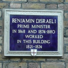 A blue plaque on St Olave's Sqaure on the building D'Israeli worked in as a young lawyer.