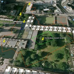 The Site of the Medieval Jewish Cemetery - Barbican and St Giles, Cripplegate, showing the boundaries (in red) of the cemetery superimposed on the modern landscape (Google Earth imagery - GIS Marcus Roberts).