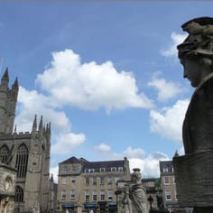 Bath Abbey from above the Roman Baths. The spa town economy was important for the Jewish community.