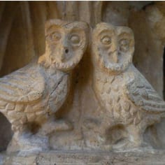 South Choir Aisle, West Portal (map, no. 12) - The night-owls at Lincoln, near to the Shrine of Little Hugh, represents Christ becoming a Jew and seeking out Jews and sinners for redemption.