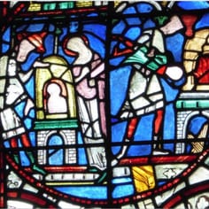 Miracles of the Virgin - Theophilus and the Virgin; the Miracle of the Jewish Boy of Bourges (map, no. 6) - The Legend of the Jew of Bourges.  The surviving panels shows the Jew of Bourges pitching his son into the furnace (panel right).  The Virgin then rescues him unharmed (panel left).
