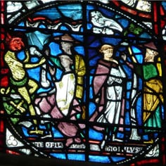 Miracles of the Virgin - Theophilus and the Virgin; the Miracle of the Jewish Boy of Bourges (map, no. 6) - The story of Theophilus and the Virgin. This scene shows a Jewish Wizard (wearing a pointed Jew's Hat), acting as an intermediary to the Devil, and arranges for Theophilus to sell his soul.