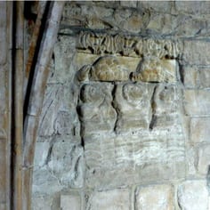 The Giants at the Flood - Ringer's Chapel (map no. 2) - Panels high-up in the Ringer's Chapel, showing Noah and the Ark on left (panel fragment) and the  'Giants and the Flood' on the  right.  This scene may have been taken direct from a 10th C. Jewish legend concerningthe fate of the sinful Giants.