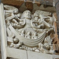 West Front Frieze (map, no. 1) - This panel draws on the Jewish tradition of Abraham being the gate-keeper to heaven which is an idea that has been drawn into Christian thought.