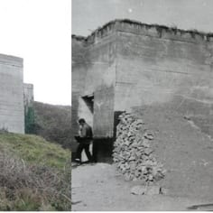 Construction of a bunker at Fort Albert by slaves and the same scene today (M. Roberts / Alderney Museum)