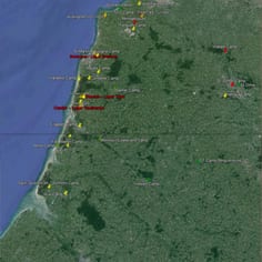 Map showing the main Holocaust and slave labour sites in Nord Pas de Calais.  The map shows the main coastal camps in Nord Pas de Calais, as well as in-land V-Weapon sites shown with red pins.  The yellow pins represent camps that were exclusively for Jewish deportees, the green pins represent camps that had a significant Jewish presence at some stage in their history and were also used for other cohorts of prisoners.  STO camps are in orange. The main and most permanent camps are high-lighted in red.