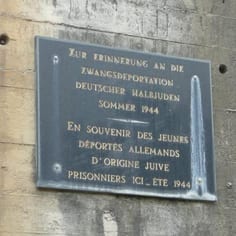 A memorial plaque at Eperleques Blockhouse to the young Germans of Jewish origins who were at the site in 1944.  The German inscription makes it clear that the Jews were so-called mischlinge, or half-Jews.