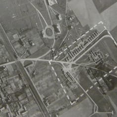 World war II aeriel image of the Camps at Camier.  The image appears to show Lager Gneisenau / Lager Freudenthal. Gneisenau was for Jewish and Russian prisoners.