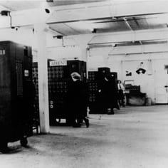 The Bombe Room at BP, containing computational devices - elementary programmable computers - used to crack the Enigma Code.  By 1943, there were 150 at BP. (Ph. courtesy Bletchley Park).