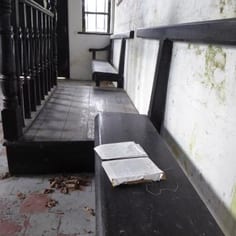 Interior of the prayer hall at Merthyr Jewish cemetery.