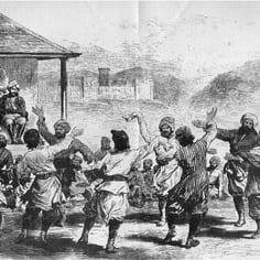 A dance at Gilgit, an ethnological image, used to illustrate one of Leitner's books, with Leitner depicted sitting and watching from a veranda.  Leitner conducted his researches with a pencil in one hand and his revolver in the other.