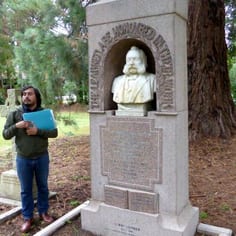 The grave and memorial of Dr. G.W. Leitner, in a small plot containing Jewish Christians, with the author of the Woking Muslim Trail, Tharik Hussain, taking a group from the Oxford University 'Jewish Country House Project' on a first iteration of the new trail, officially opened 26 July, 2019.